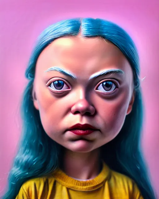 Image similar to closeup face profile portrait of a tin toy greta thunberg as a bikini girl, hyper realistic, artstation, illustration, nicoletta ceccoli, mark ryden, lostfish, max fleischer, digital paint, matte paint, vivid colors, dark, sinister, detailed and intricate environment