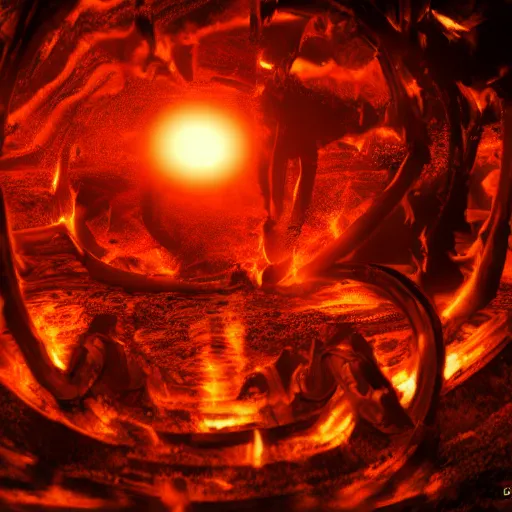 Image similar to hell is made out of fiery ice, cyperpunk, high detail, lens flares