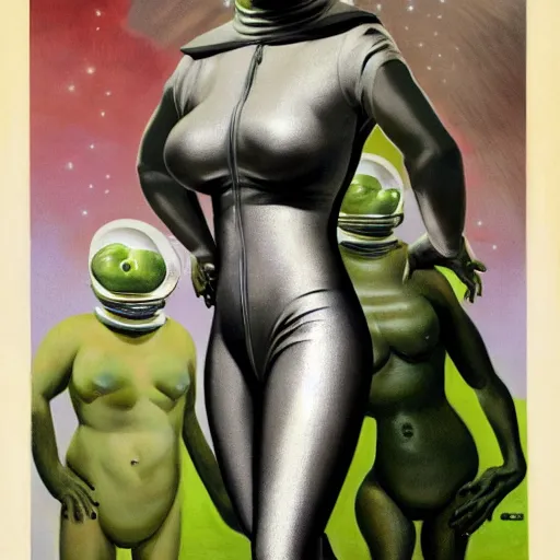 Image similar to liz truss in a tight fitting silver metallic bikini spacesuit, , big pear-shaped head, green skinned, big black almond shaped alien eyes by Mort Kunstler and Gil Elvgren