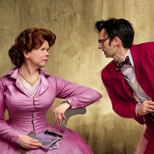 Prompt: david tennant and imelda staunton as dolores umbridge in pink clothes with the tenth doctor who, highly detailed, artstation, concept art, smooth, sharp focus, illustration, perfect face, art by willem claesz. heda, nikolay makovsky, jacek malczewski, arthur hughes, edward okun, franz xaver winterhalter