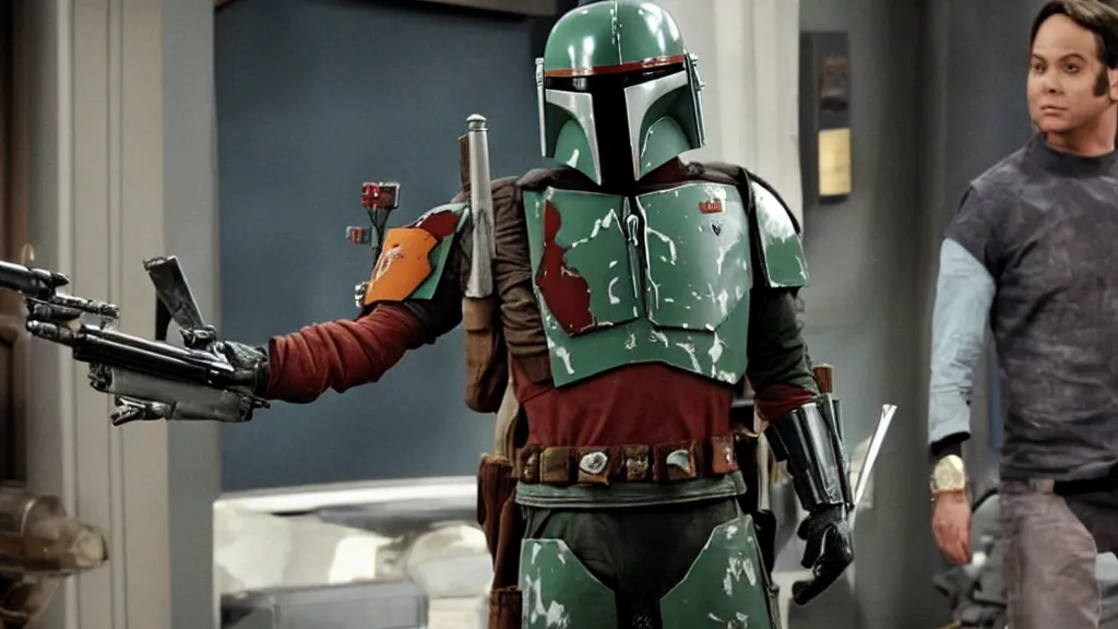Prompt: still image of boba fett in an episode of the big bang theory, cinematic