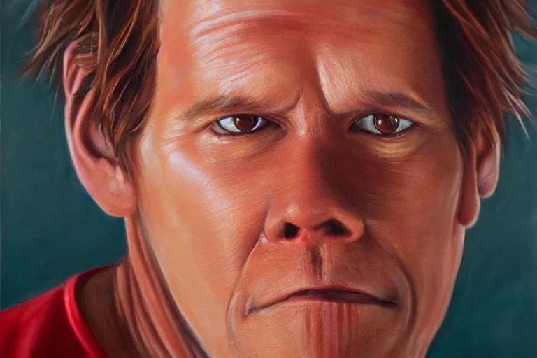 Image similar to an ultra realistic painting of kevin bacon, bacon rasher, bacon rasher wrapped around his face, 8 k, cinematic, movie still