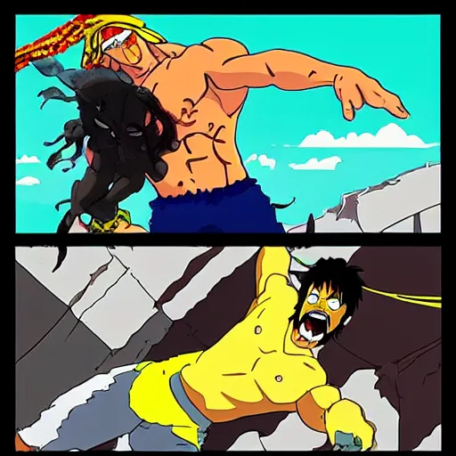 Prompt: hulk hogan hits a prone kenny g with his leg drop finisher, anime in the style of studio ghibli,