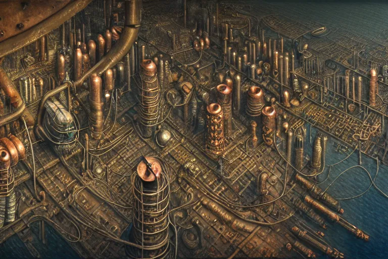 Prompt: an elaborate penned illustration of a apocalyptic intricate connected city of tubes and pipes, muted colors, copper pipers, by jan van haasteren and jheronimus bosch, unreal engine, physically based rendering, ariel view, tilt - shift, grim, moody, shiny, industrial, water, smoke, reflective, cinematic, isometric
