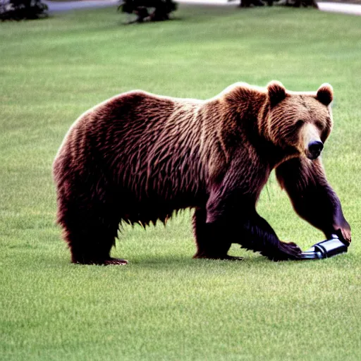 Prompt: A Brown Bear Is a Door to Door Vacuum Cleaner Salesman, Nikon 35mm