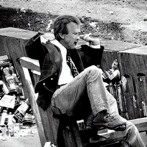 Image similar to kevin tighe with randy mantooth drunk, sitting by a dumpster drinking beer, many empty bottles lie around them