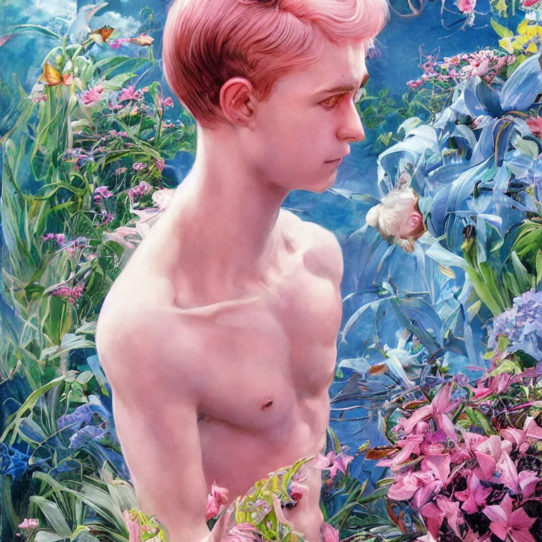 Prompt: a professional portrait of one swirly pink haired kid cyborg from movie ex machina wearing baby blue greek clothes, muted colors, colorful flowers, tropical, sunlight filtering through skin, dynamic hair movement, dynamic pose, glowing butterflies, j. c leyendecker, by alan lee, wlop! illustrated by starember, fantasy art by craig mullins