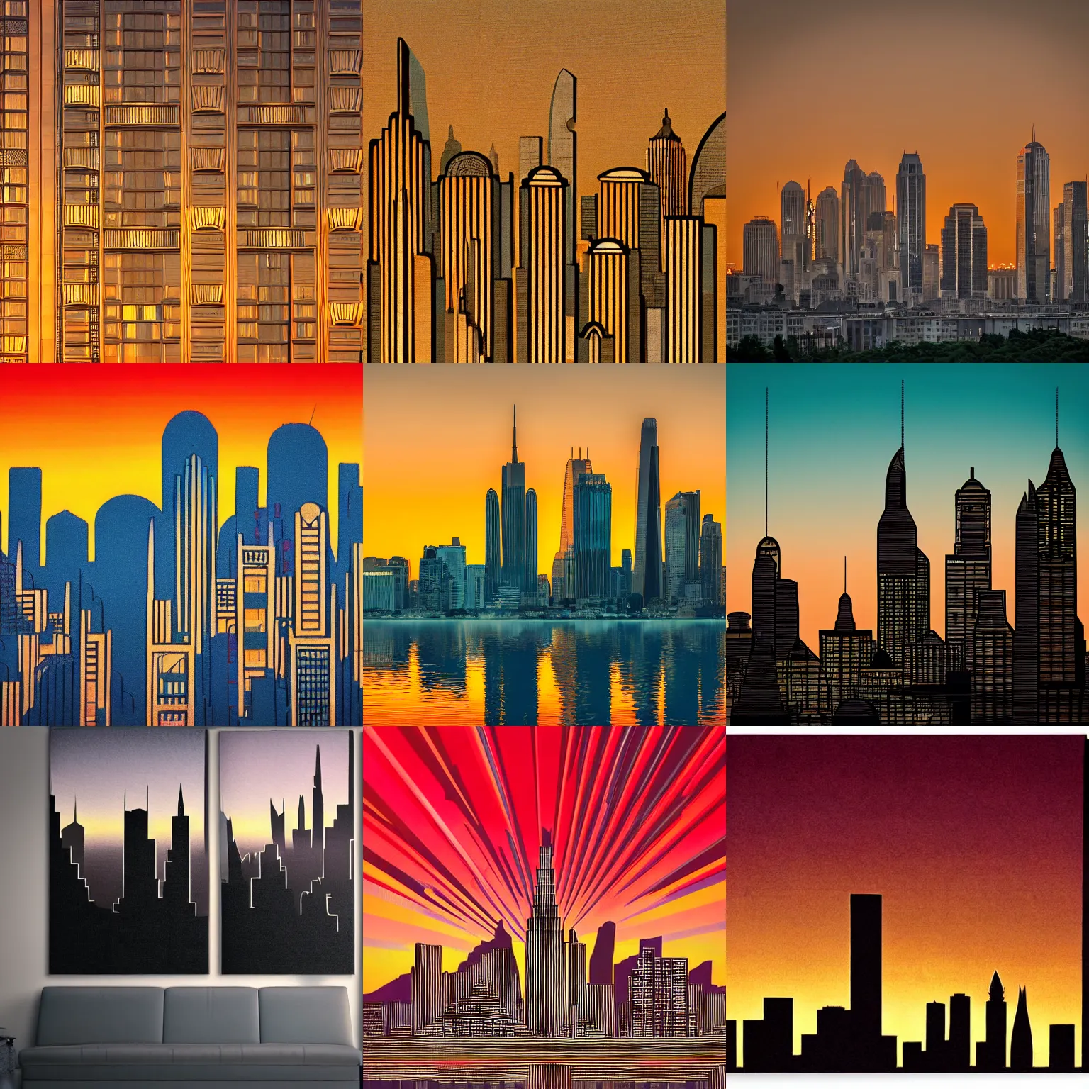 Prompt: detailed photo of an Art Deco skyline at sunset