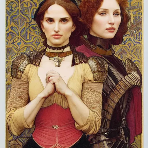 Prompt: full colour engraving full figure portrait of natalie portman and scarlet johansson, in medieval armoury, painted by alphonse mucha, albrecht durer, jean delville, alphonse mucha, jan van eyck, da vinci