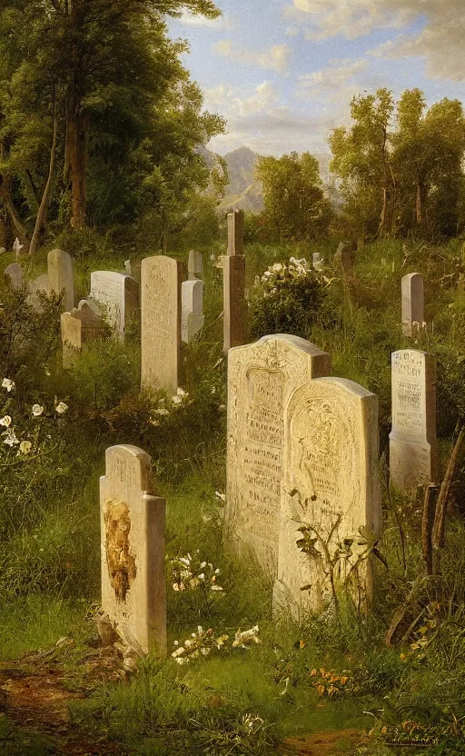 Image similar to artwork painting of a lush environment, a cemetery headstone by eugene von guerard, ivan shishkin