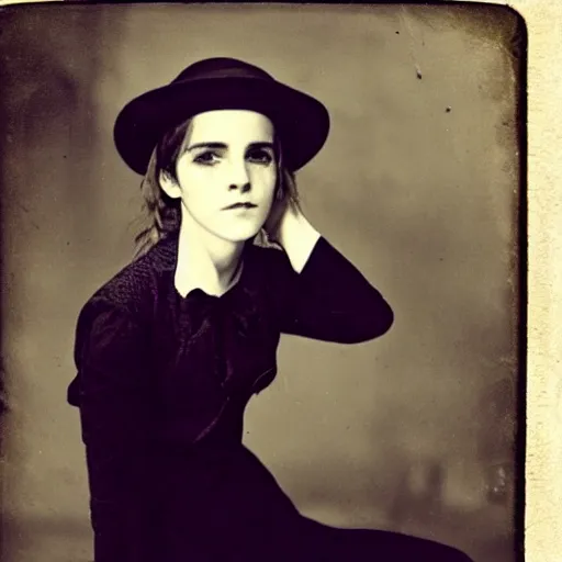 Prompt: emma watson early 20th century ganster with bowler hat Daguerreotype photography by Louis Daguerre