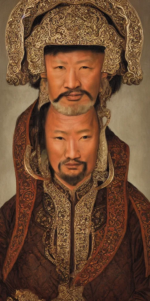 Image similar to a stunning and noble highly detailed romantic period style portrait of Genghis Khan by Josep Tapiró Baró, trending on artstation, oil painting masterpiece, symmetry, fractals, Mongolian iconography