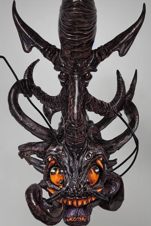 Image similar to sideview waist up portrait of anglerfish baphomet made with porcelain by jeff easley and peter elson, beautiful eyes and face, symmetry face, galaxy, gothic, surreal, dread, highly detailed, intricate complexity, epic composition, magical atmosphere, masterpiece, award winning, trending on artstation