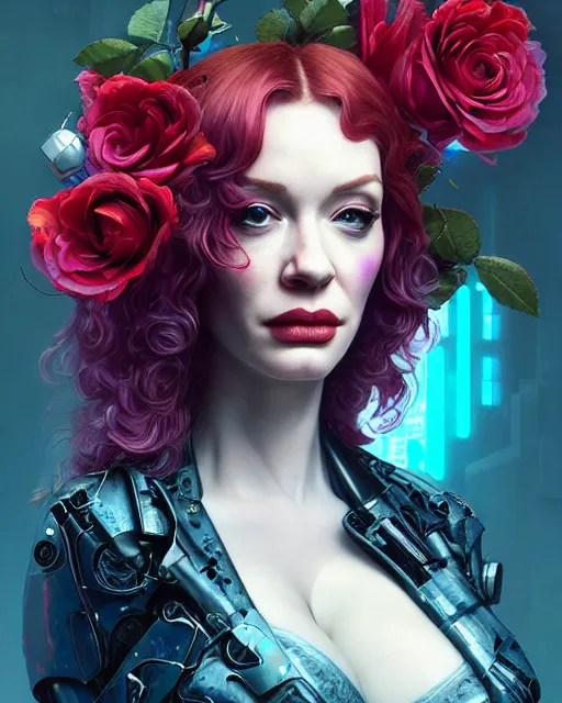 Image similar to portrait of christina hendricks with roses, cyberpunk cyborg. roses, sci - fi, intricate abstract upper body intricate artwork, by tooth wu, wlop, beeple, dan mumford. concept art, octane render, deviantart, greg rutkowski, cinematic arthouse, key art, hyper realism, iridescent accents