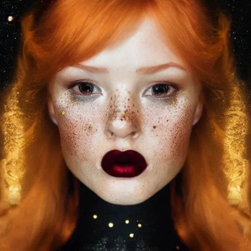 Image similar to redhead girl in black dress in beautiful castle, black pearls and golden gems, glowing eyes, light freckles, portrait, conceptart, medium shot, unreal, octane, symmetrical, photorealism