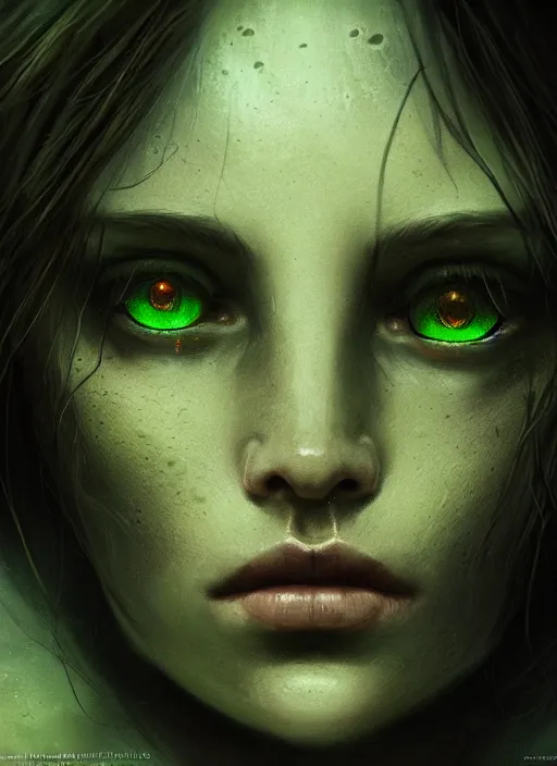 Image similar to portrait of a ominous girl, perfect green eyes, detailed reptile skin, ultra realistic, cinematic lighting, depth of field, artstation, Seb McKinnon