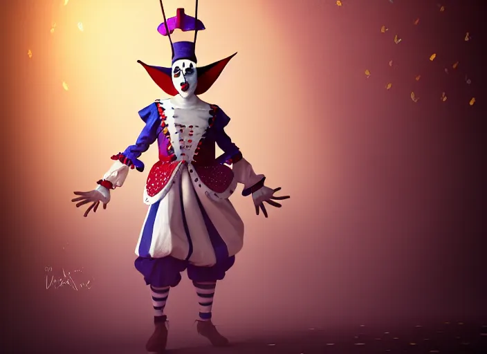 Image similar to award winning digital art of a magnificent pierrot jester wearing a traditional pierrot outfit, performing at a magnificent carnival, beautiful background, trending artstation, digital art, aesthetic, bloom, intricate, elegant, sharp focus, digital illustration, highly detailed, octane render, digital painting, concept art, witchlight carnival, masterpiece