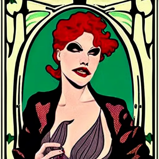 Prompt: <https://s.mj.run/MAM_1SzRI5U> redhead woman, art nouveau, villian, green