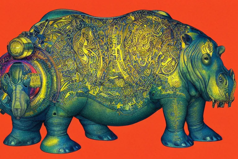 Image similar to beautiful mechanical hippopotamus by maxfield parrish, mandala, coherent design, symmetrical, vivid colors, digital watercolor ink illustration painting, complementary color, golden ratio, detailed, sharp lines, sharp focus, intricate, rainbowshift, artgerm, gustave dore, alphonse mucha, octane render