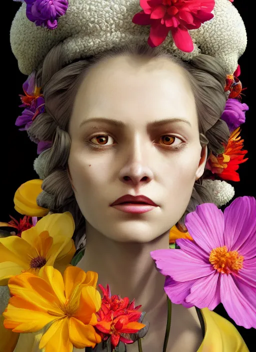 Image similar to an anthropomorphic beautiful female scientist portrait holding a flowers wearing colourful robe, fine art, award winning, intricate, elegant, sharp focus, octane render, hyperrealistic, wizard hat cinematic lighting, highly detailed, digital painting, 8 k concept art, art by jamie hewlett and z. w. gu, masterpiece, trending on artstation, 8 k