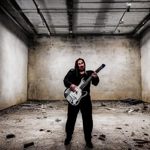 Prompt: two electric guitar players in jumpsuits, playing death metal in an abandoned warehouse