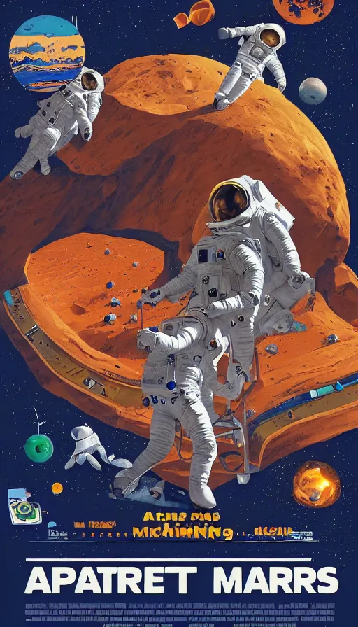 Image similar to movie poster of astronauts mining on mars, highly detailed, large text, bright colours, animated