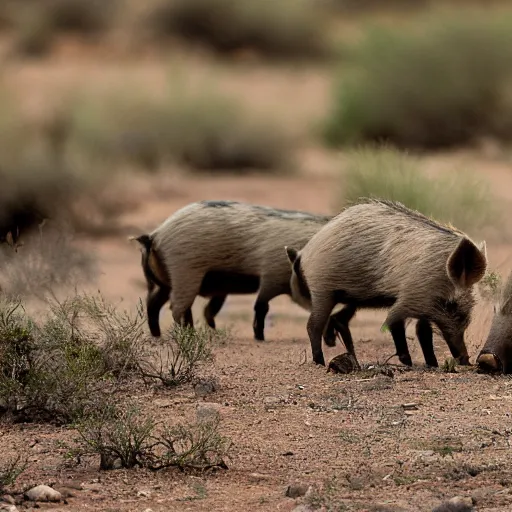 Image similar to photo of a pack of wild pigs, in the Texas desert, cactus, desert mountains, big bend, 50mm, beautiful photo,