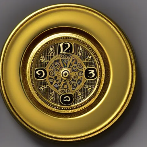 Image similar to a gold coin with a clock face printed on it, complex, high detail, close up