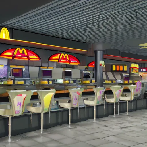 Prompt: cyberpunk mcdonalds in the distant future