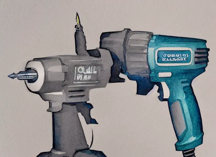 Image similar to concept art of a electril drill tool, pinterest, artstation trending, behance, watercolor, by coby whitmore, silver, laser light,