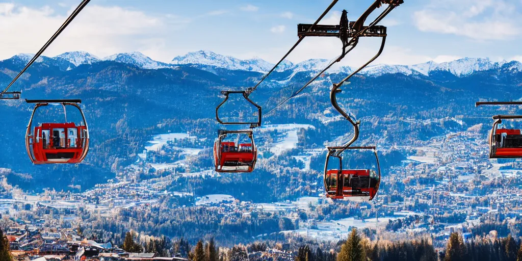 Prompt: ski lifts, mountains and ski resort at background, clear weather, artistic style, 8 k