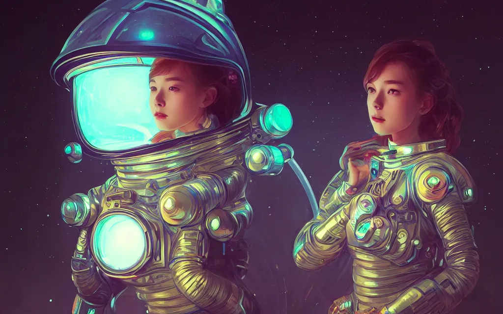 Image similar to portrait armored astronaut girl shot an ufo, ssci-fi, neon light and fantasy, intricate and very very beautiful and elegant, highly detailed, digital painting, artstation, concept art, smooth and sharp focus, illustration, art by tian zi and WLOP and alphonse mucha