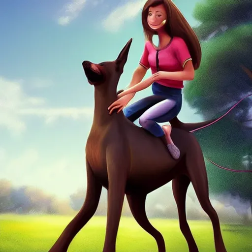 Image similar to girl riding a giant doberman dog in the park, trending on artstation