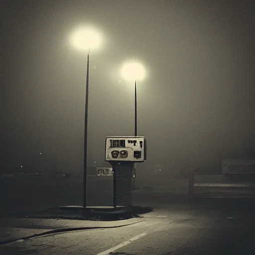 Image similar to “soviet gas station, fog, night, red lights, digital photography”