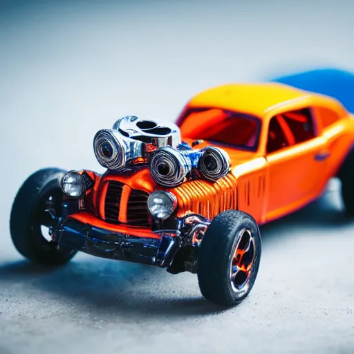 Image similar to hotwheels car with mecanum wheels, macro photography, professional