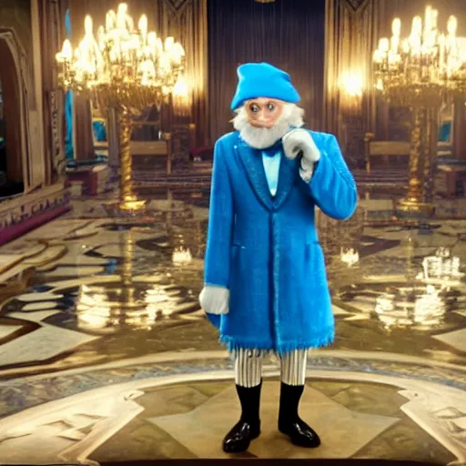 Image similar to a film still of papa smurf in the great gatsby ( 2 0 1 3 ), cinematography by baz luhrmann, hd