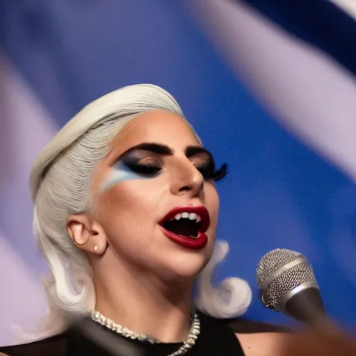 Image similar to Lady Gaga as president, Argentina presidential rally, Argentine flags behind, bokeh, giving a speech, detailed face, Argentina