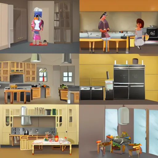 Prompt: a cook in a kitchen. 2d,3d,artistic