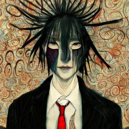 Image similar to yoshitaka amano blurred and dreamy realistic three quarter angle portrait of a woman with white hair and black eyes wearing dress suit with tie, junji ito abstract patterns in the background, satoshi kon anime, noisy film grain effect, highly detailed, renaissance oil painting, weird portrait angle, blurred lost edges