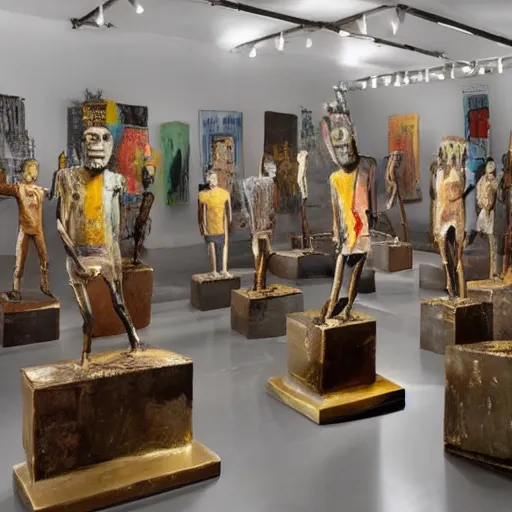 Image similar to a room full of bronze Jean-Michel Basquiat statues