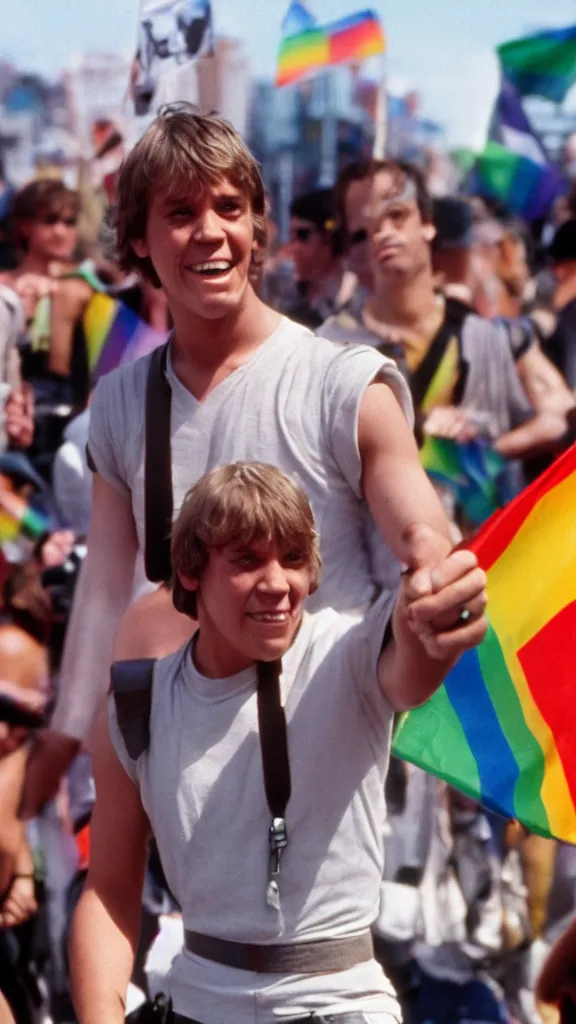 Image similar to rotj luke skywalker goes to pride, getty images, victorious, flags, parade, gay rights, bright smiles, daylight, twenty three year old luke skywalker at gay pride, 3 5 mm photography, very happy, smiling