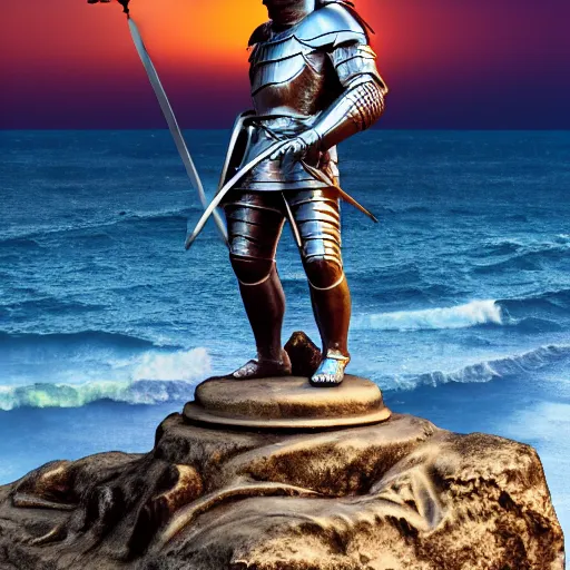 Image similar to greek statue of a Templar knight with ornate engraved armor holding his sword in a battle ready stance looking out over a Cliffside with crashing waves on the shore, synthwave, 4k