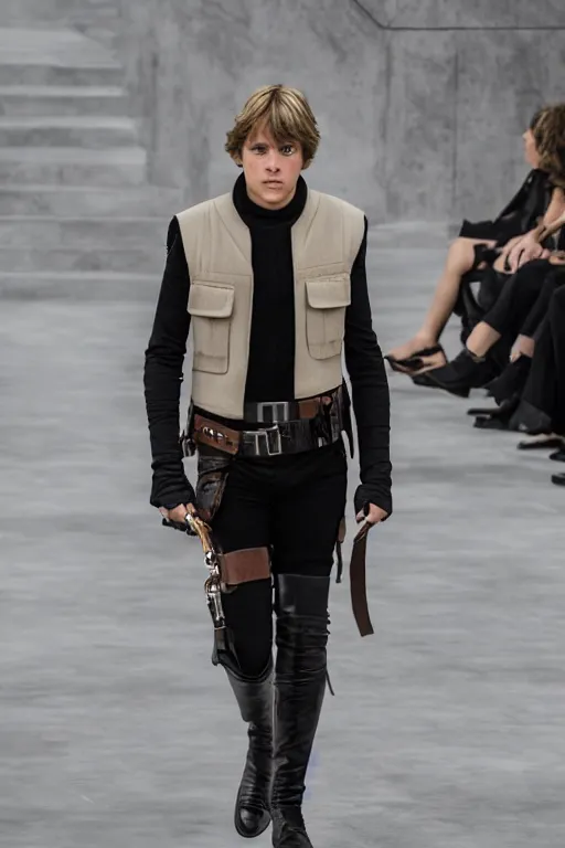 Prompt: 2 3 year old luke skywalker models for chanel, on the runway, fashion photoshoot, full body, chanel boots, chic, beautiful color grading, confident, highly detailed, beautiful photo