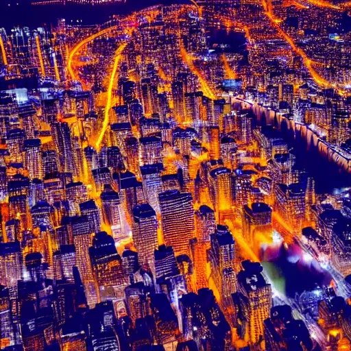 Image similar to an aerial view of a city at night, instagram contest winner, maximalism, glowing lights, vivid colors, circuitry