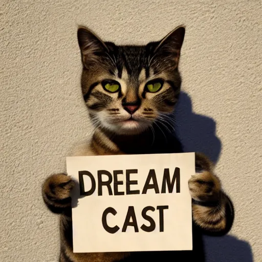 Prompt: realistic high quality photo of a cute cat holding a sign with text that reads : dream, cat, cas, cat cat dreamcats, cats, cas, cas, cast, cats, catscatscats