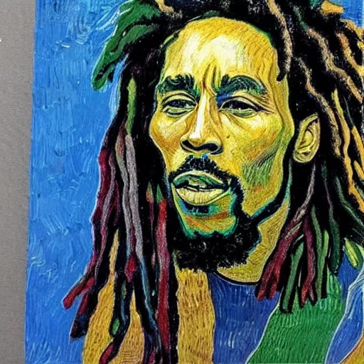 Prompt: highly detailed portrait of bob marley in the style of vincent van gogh