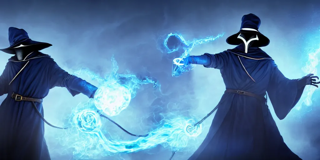 Image similar to action packed scene of a plague doctor in a blue wizard robe who is casting a spell that is coming from his hands he is in an alchemist lab, action pose, medium shot, waist up, digital art, photoreal, 4 k, unreal engine 5, anime, d & d design, gta cover art, comic book art