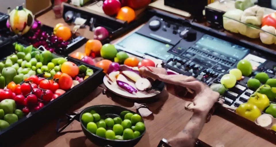 Image similar to film still of fresh fruits and vegetables making beats in the studio on an mpc