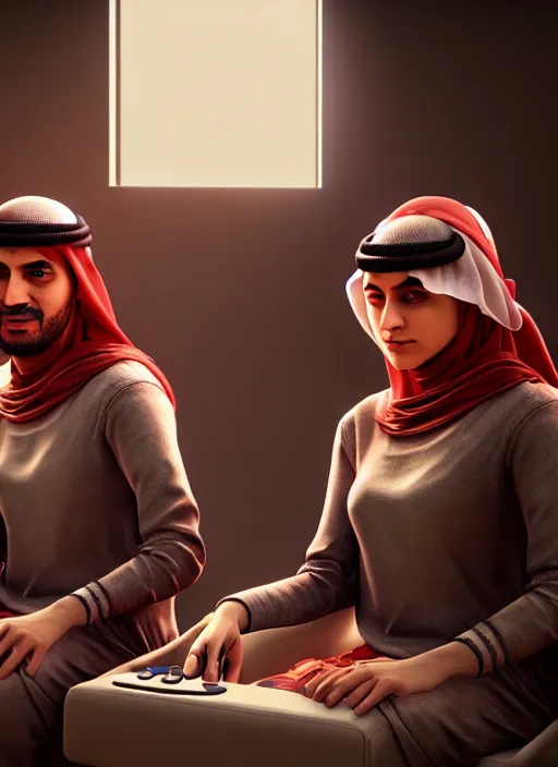 Prompt: portrait, twins playing video games, sheik mohammad ruler of dubai, hyperdetailed illustration by irakli nadar and alexandre ferra, intricate linework, unreal engine 5 highly rendered, global illumination, detailed and intricate environment