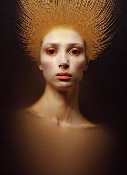 Prompt: portrait of a woman's face made of feathers and veiled in gold, by jacques - louis david, by greg rutkowski, by zdzisław beksinski, by josep tapiro baro, trending on artstation, featured on pixiv, masterpiece, oil on canvas, cinematic composition, dynamic beautiful lighting,